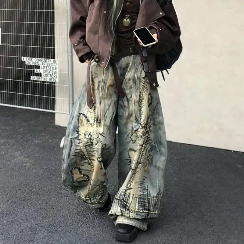 

American Street Destruction Style Embroidered Denim Pants Oversize Retro Wash Personality Fashion Loose Casual Wide Leg Jeans