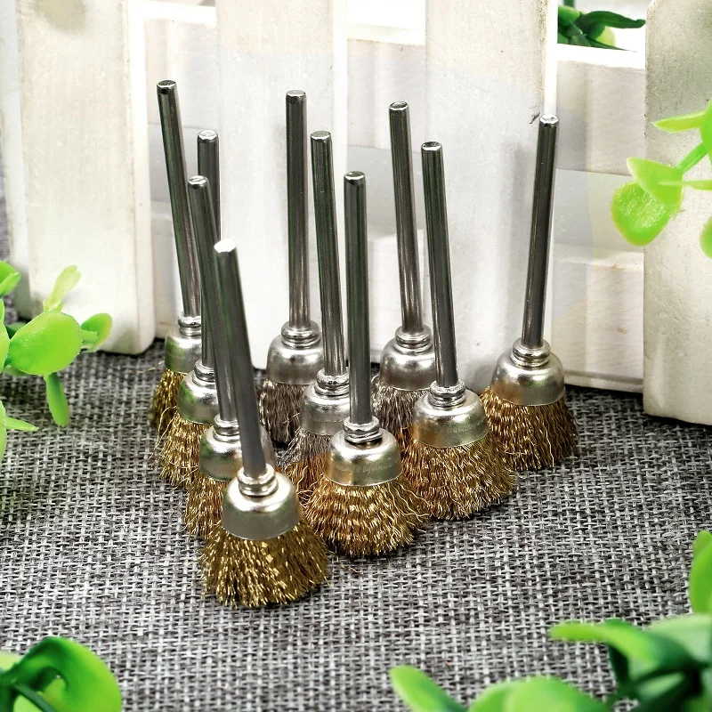 10Pcs 15mm Grinding Buffing Polishing Brush Wheel 3mm Mandrel Brass Wire Cup Brush for Dremel Accessories Rotary Tool Cleaning