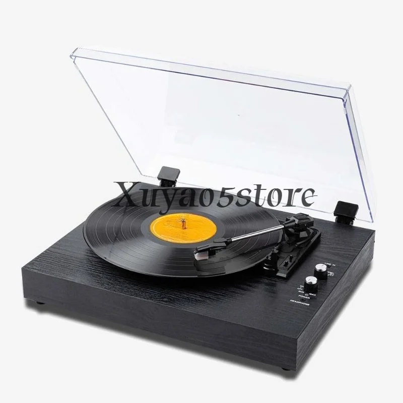 Vinyl record player, European-style home phonograph, built-in speakers, vintage wooden record player