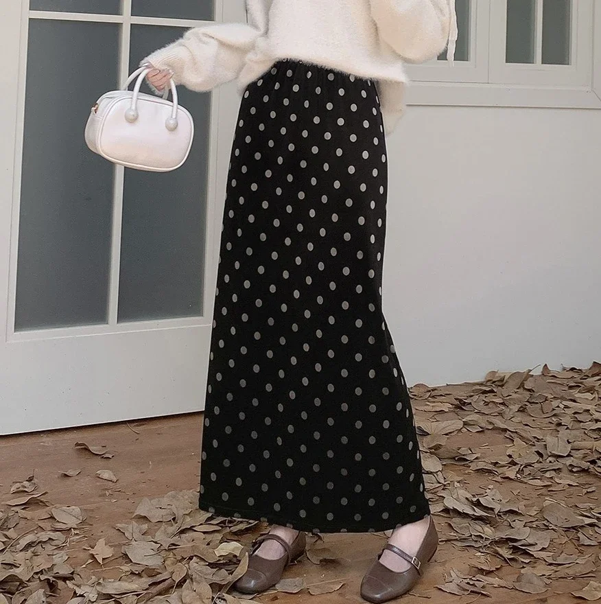 

Autumn Winter Vintage Velvet Dots Printed Women's Wrap Skirts 2025 New High Wasit Back Split A-line Skirts Female