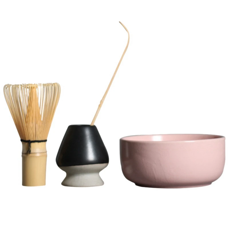 4Pcs Matcha Set Matcha Whisk Brush Professional Green Tea Powder Whisk Chasen Tea Ceremony Brush Tool Grinder Pink