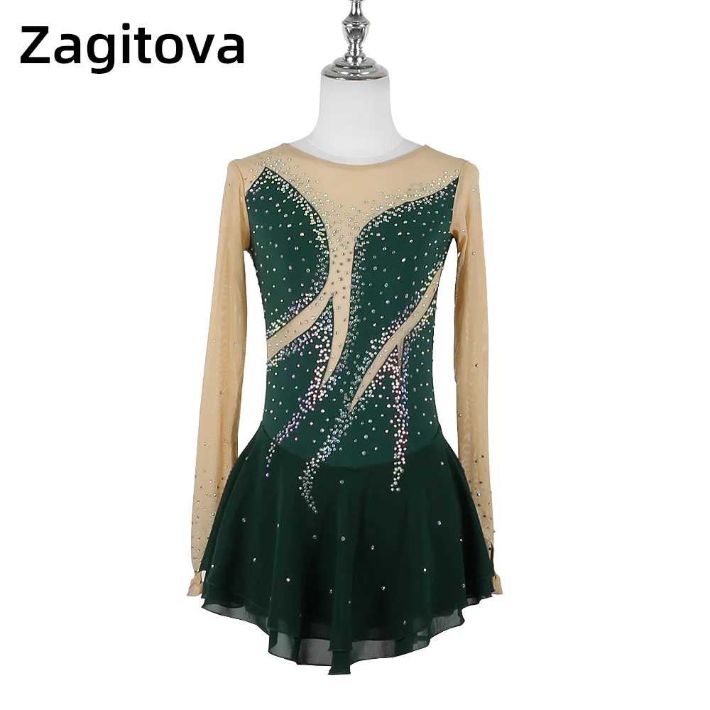 

Zagitova Figure Skating Dress Women Girls Ice Skating Skirt Long Sleeves Gymnastics Competition Diamond Mesh Skirt Acrobatics