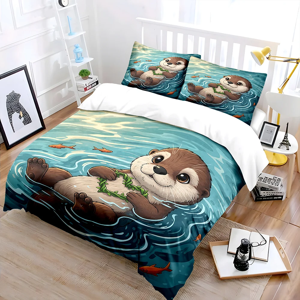 Adorable otter with leafy heart in water Bedding Set for Kids Luxury Gift 3pcs Digital Print Comforter Set Soft Comfortable