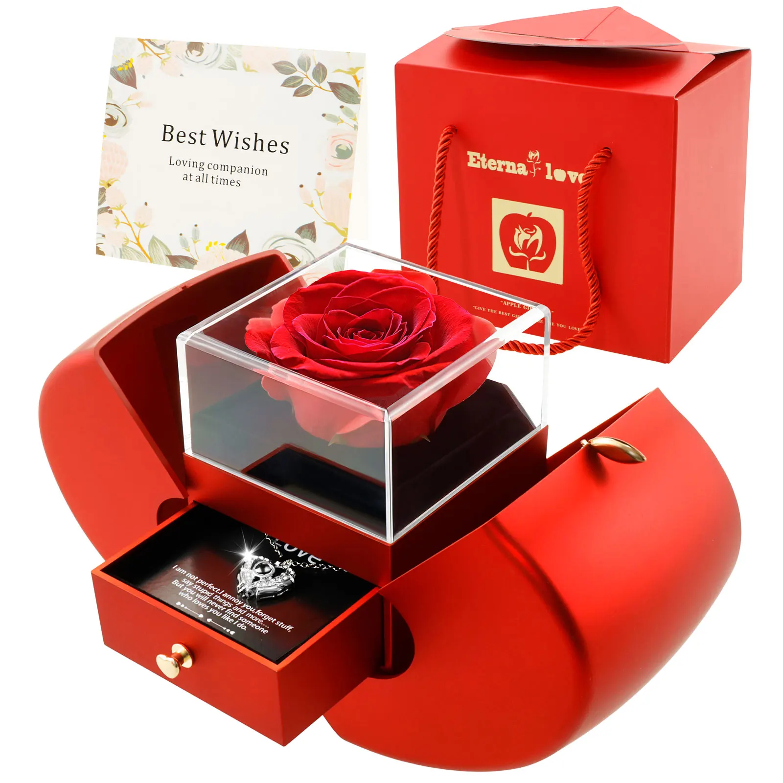 Women's Heart Pendant Eternal Necklace Rose Gift Box Romantic 100 Languages I Love You For Mom Wife Valentine Anniversary Gifts