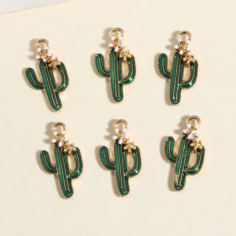 10pcs Gold Color Cute Enamel Cactus Flower Charms Green Plants Pendant For DIY Handmade Necklaces Earrings Jewelry Accessories