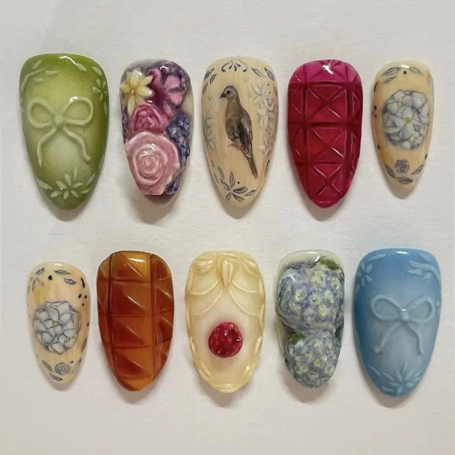 24pcs Almond Garden Bird Fake Nails Press On Nails with Gentle Bow Designs Wearable Gradient Autumn False Nail Tips Long Round