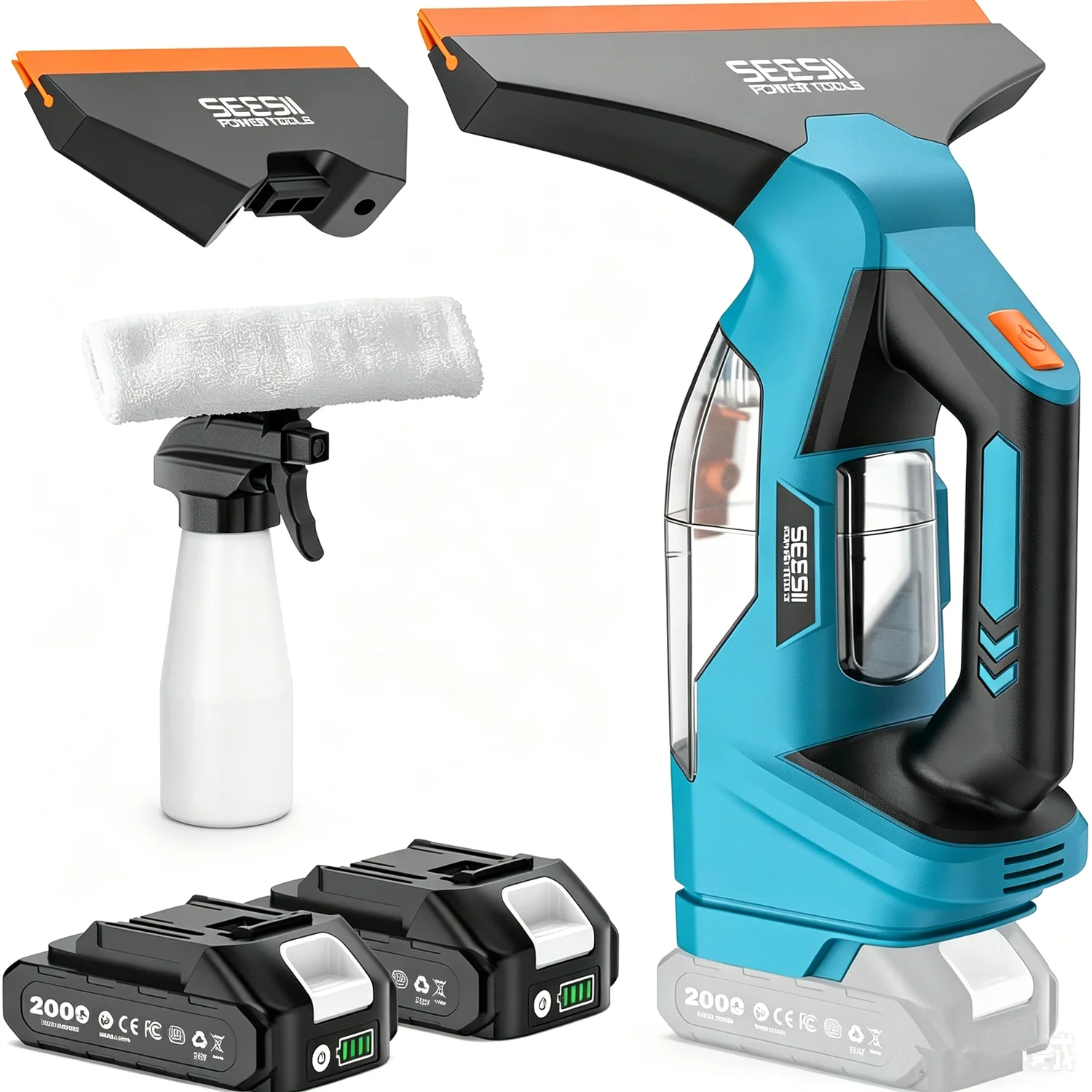 SEESII Cordless Window Vacuum Cleaner 2000mAh Battery 2 Suction Nozzles 28-17cm Window Vacuum Cleaner 2000Pa 150 ml Removable Tank Multifunctional Electric Cordless Window Cleaner Machine for Windows Tiles and Mirrors