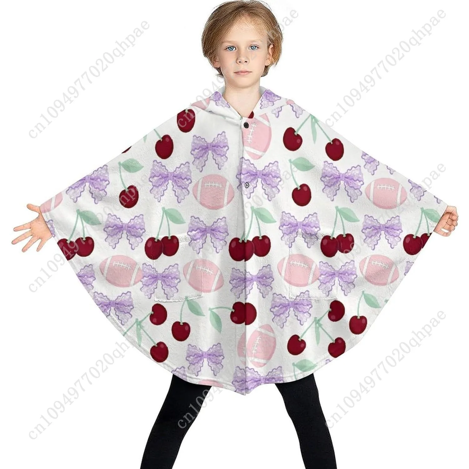 Pull couverture en flanelle confortable, sweat à capuche surdimensionné cerise avec nœud violet de football avec poches pour enfants et adolescents