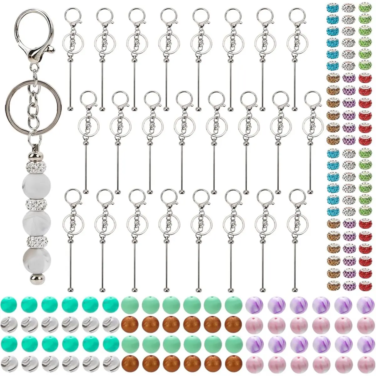 A77K 168Pcs Beadable Keychains Kit, Keychains Bulk for Keychain Making Accessories with Beadable Keychain Bars Silicone Beads