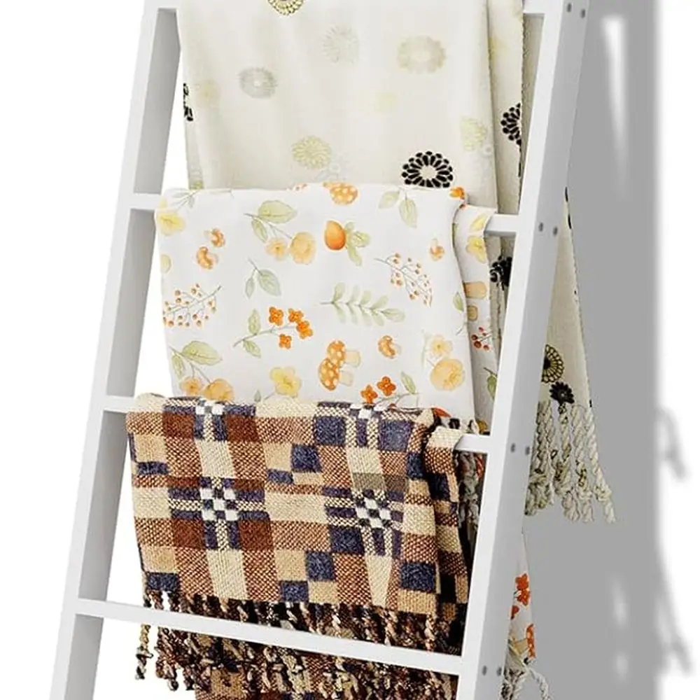 

White Wooden Ladder for Rustic Quilts and Throws, 57.5 Decorative Blanket Rack for Living Room, Bedroom, and Nursery, Farmhouse