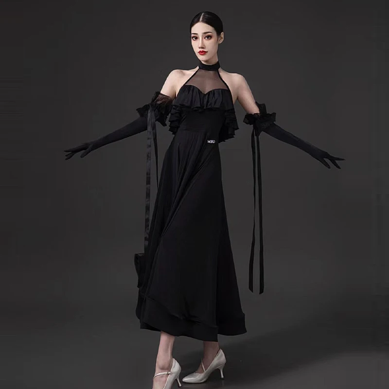 Modern Dance Costumes New Mesh Stitching Neck Beautiful Back Large Skirt Suit Ballroom Performance Competition Clothes DN14744