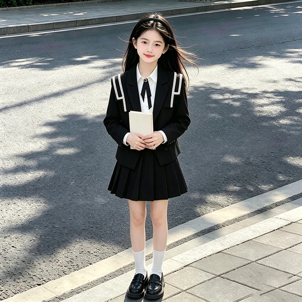 New Autumn Winter Girls Kids 2 Piece Children Outfits Teenager Suit Set Slim Blazer Jacket Top + JK Pleated Skirt 4 5 10 12 Year