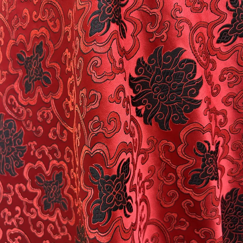 Tela de brocado rojo precortada con bordado negro, elegante Material decorativo DIY para vestido, abrigo, chaleco, artesanía de tapicería