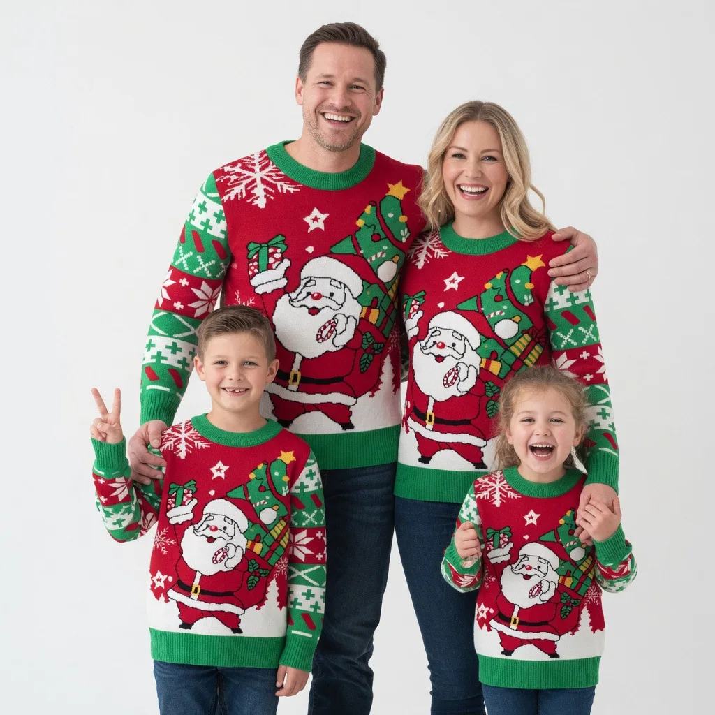 Family Matching Sweater Christmas Parent-Child Winter Cartoon Knitted Jumper Xmas Father Mother Kids Printed Autumn Pullover