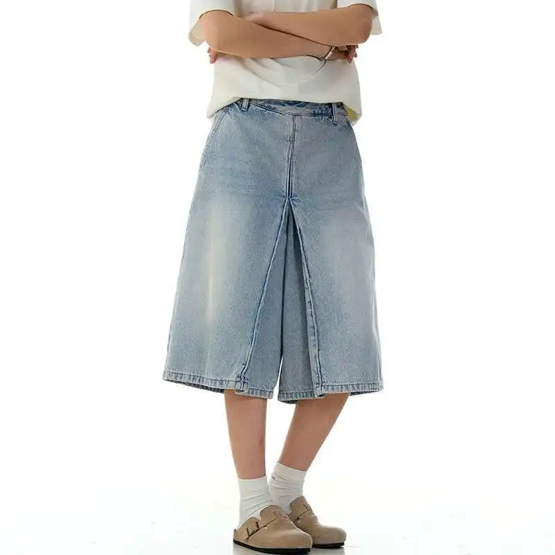 

Stylish Men New Jorts American Style Loose Cropped Jeans Summer Breathable Straight Wide Leg Denim Shorts Baggy G8YO