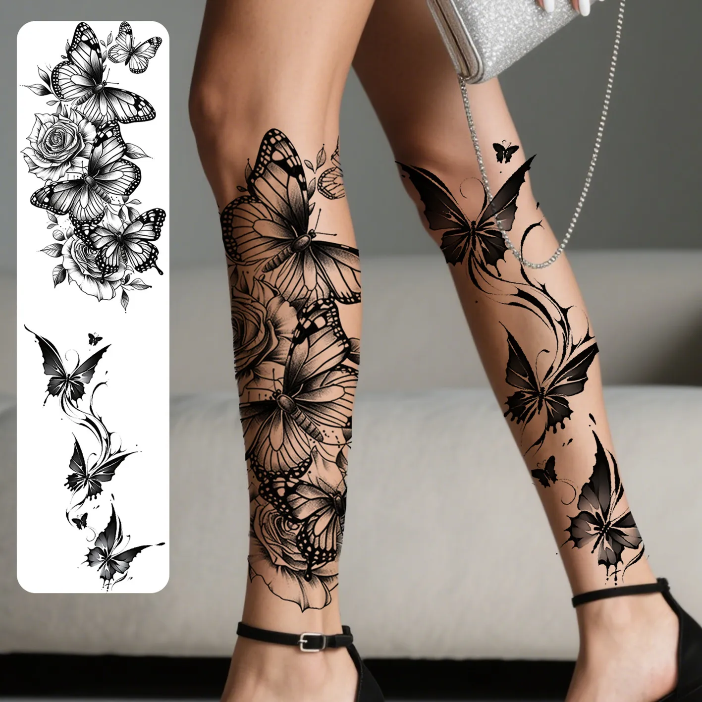 

2 шт., временные татуировки с черными цветами и бабочками для женщин, водонепроницаемые и долговечные поддельные татуировки для рук, ног и груди