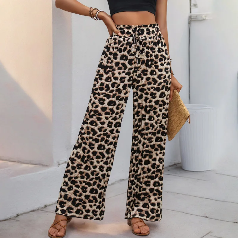 Summer Chic Pants Women Elegants Trousers Wild Retro-style Slacks High-waisted Loose Leopard Print Wide-leg Pants