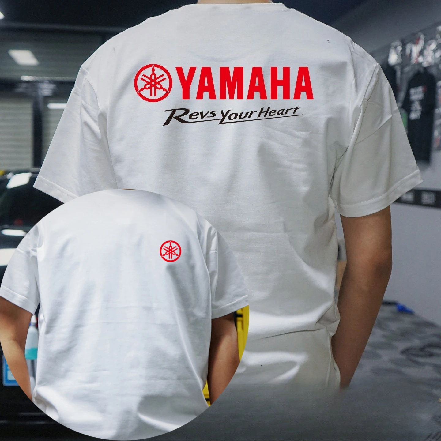Yamaha "Revs Your Heart" T-Shirt, Red Tuning Fork Logo Print on Cotton, Casual Tee for Motorcycle Enthusiasts & Yamaha Bike Fans view 3