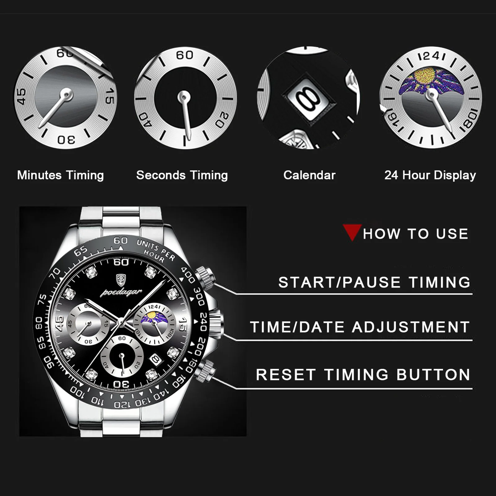 POEDAGAR Luxury Watch For Men High Quality Luminous Waterproof Chronograph Men\'s Watch Stainless Steel Men Quartz Watches Reloj