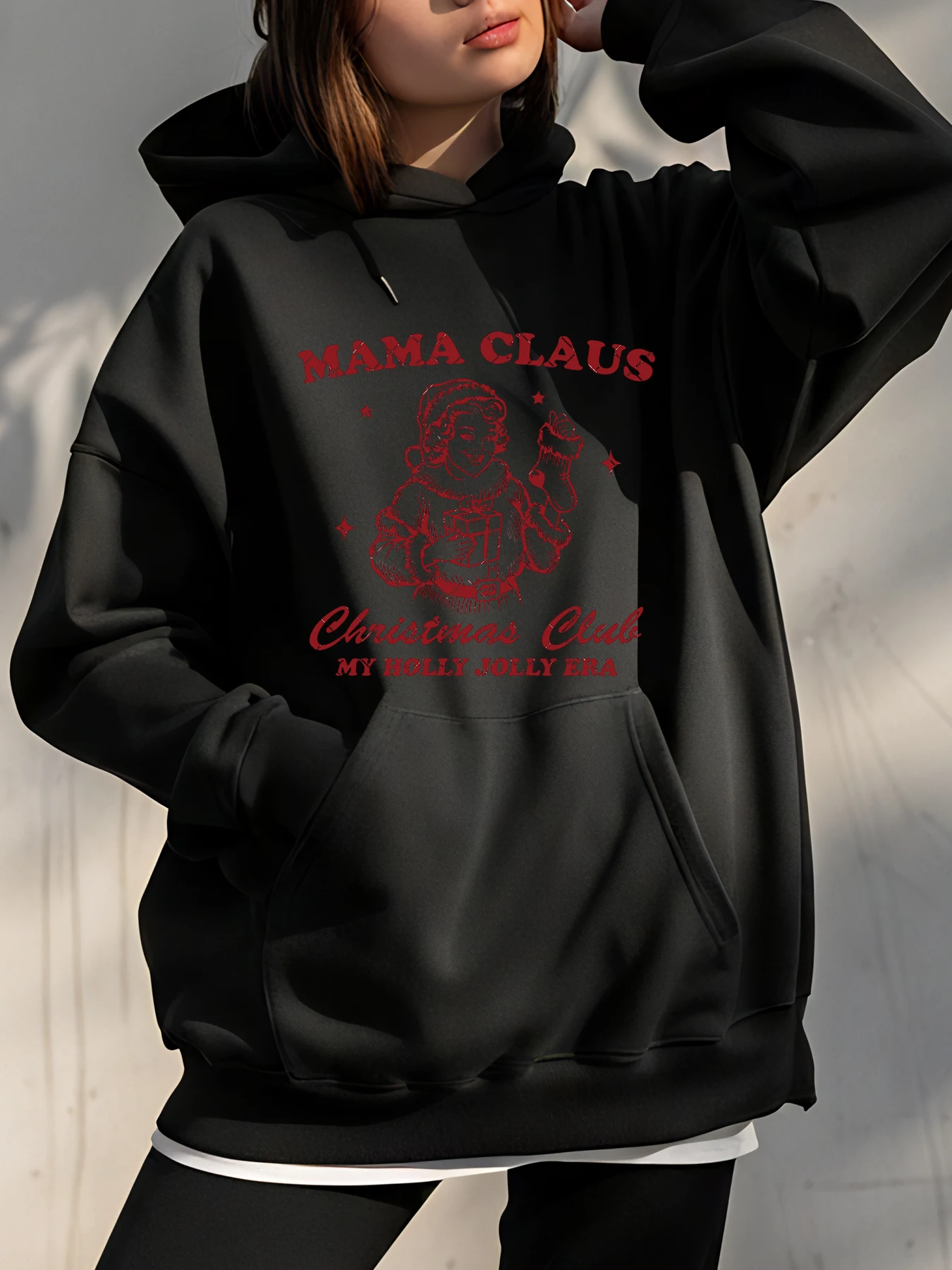 

Рождественская толстовка с капюшоном «Мама-Клаус», женская праздничная толстовка с красным принтом для мамы, повседневная зимняя верхняя одежда, женский модный подарок