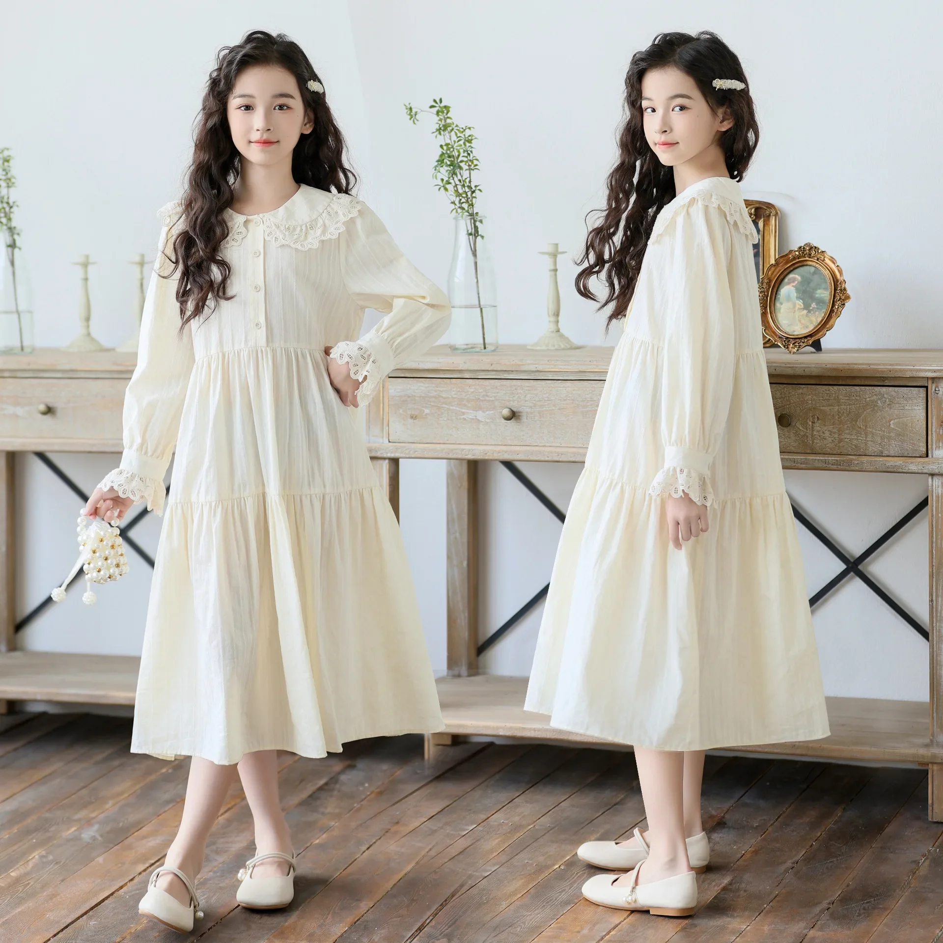 Spring Girls Princess Dress Beige Lace Neck Casual Long Dress for Kids Cotton Fashion Casual Loose Teen School Children Clothes