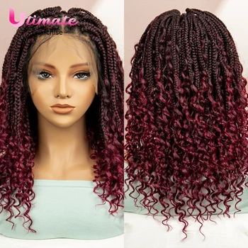 99J 부르고뉴 컬러 박스 땋은 가발 합성 전체 레이스 Knotless 스퀘어 박스 머리띠 가발 여성용 곱슬 머리 가발
