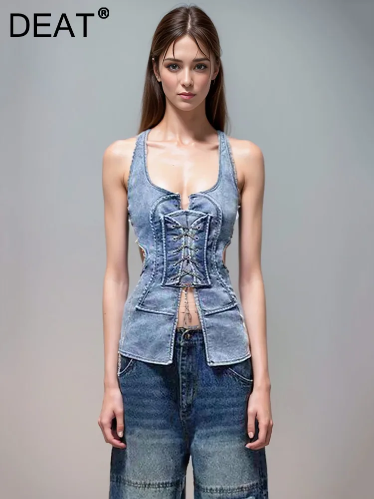 DEAT moda donna Denim canotte senza maniche vita scava fuori Slim Lace-up Patchwork Streetwear gilet estate 2024 nuovo 1 dh5121