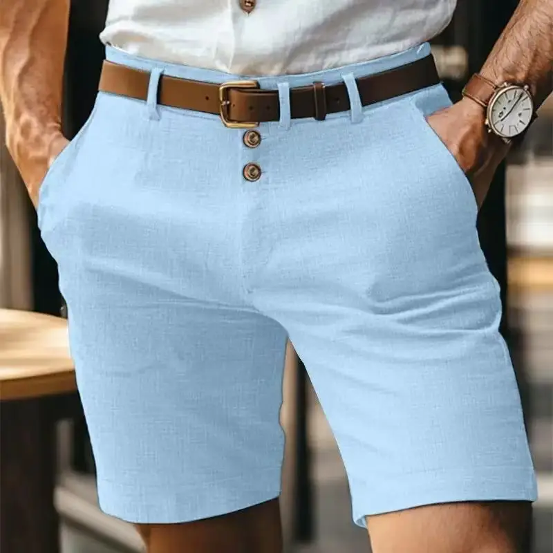 Summer New Men's Shorts Men's Linen Solid Color Button Shorts Sports Beach Casual Pants