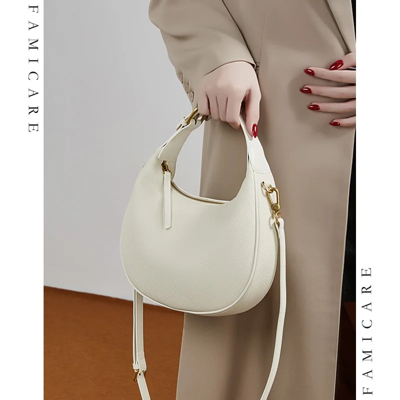 New Trendy Women Half Moon Shoulder Bags Genuine Leather Multi-functional Handbag Minimalist Lady Large Capacity Crossbody Bag