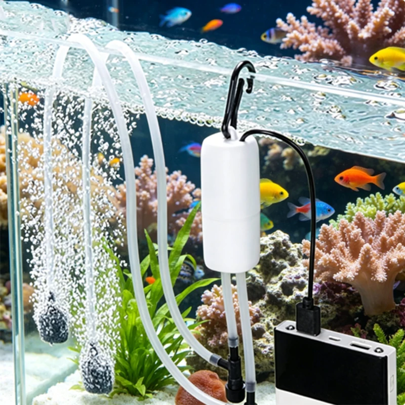 USB-Aquarium-Sauerstoffpumpe, tragbarer Mini-Doppelloch-Luftkompressor, geräuscharmer Belüfter für Fischbecken, einstellbares Luftvolumen, Zubehör – Detail 6