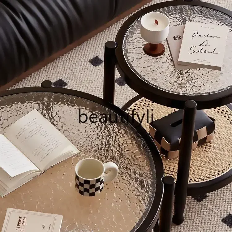 

Retro log home rattan coffee table French simple modern small apartment side table living room round glass black table