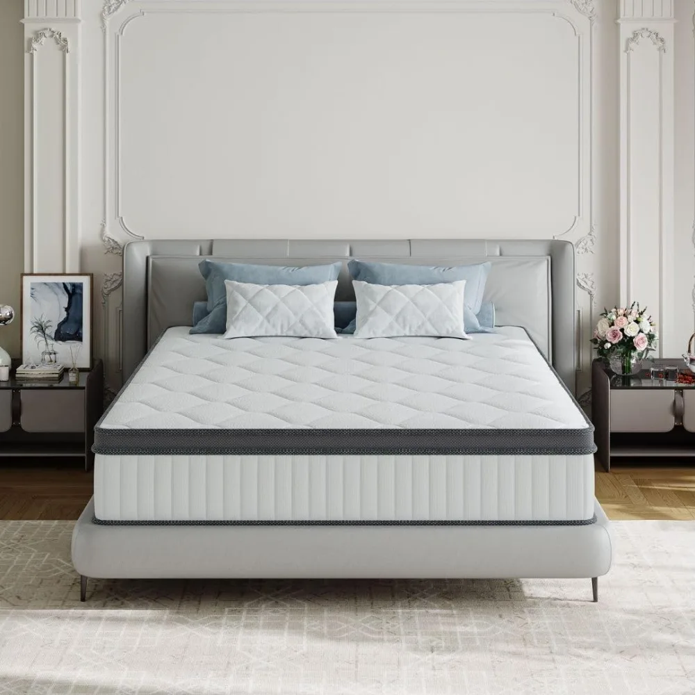 King Size Mattress,12 Inch Medium Firm Hybrid MattressWith Pocketed Spring And Bamboo Charcoal Gel Memory Foam, Mattress