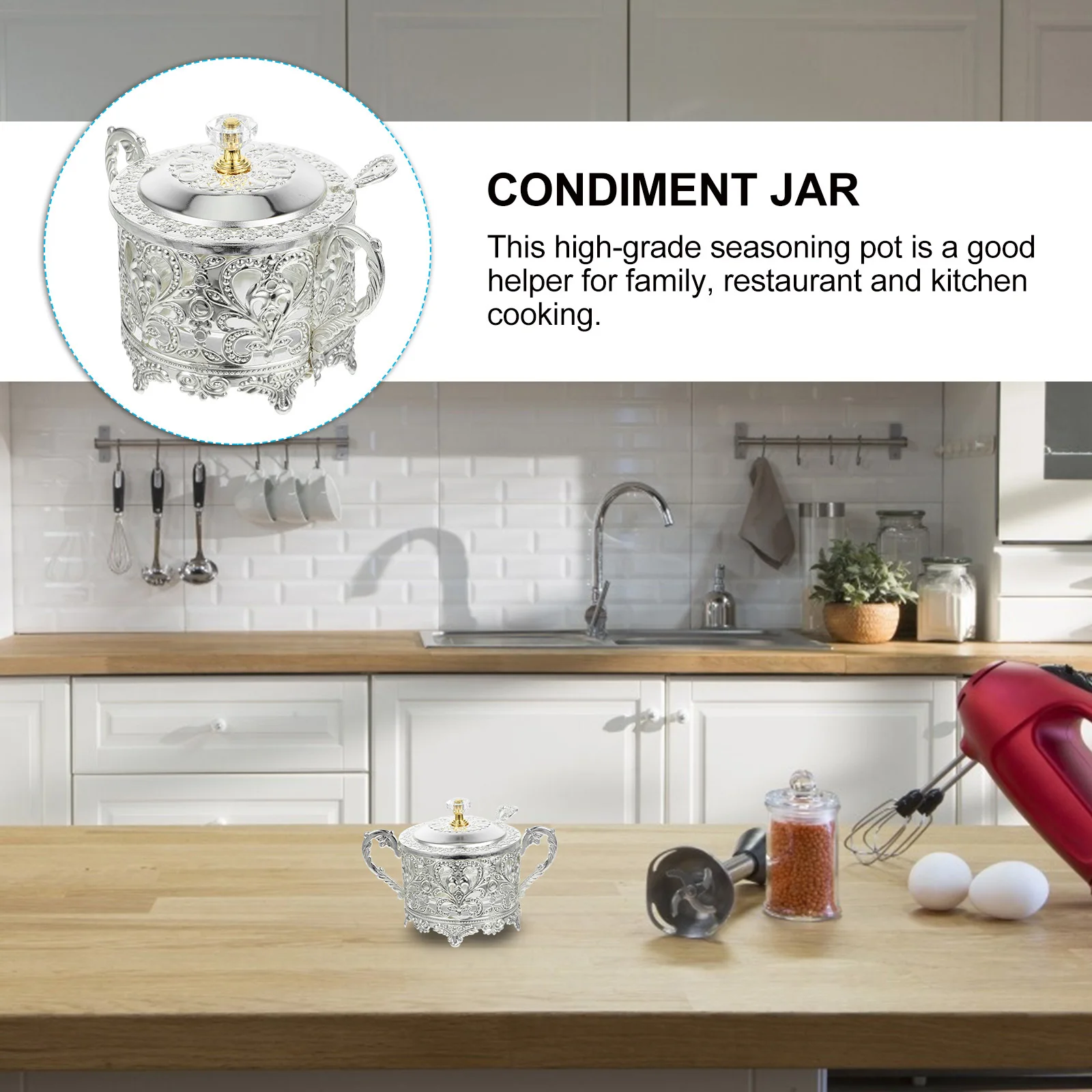 

Seasoning Jar Embossed Design Zinc Alloy Lid Kitchen Seasoning Container Spice Storage Decorative Glass Pot