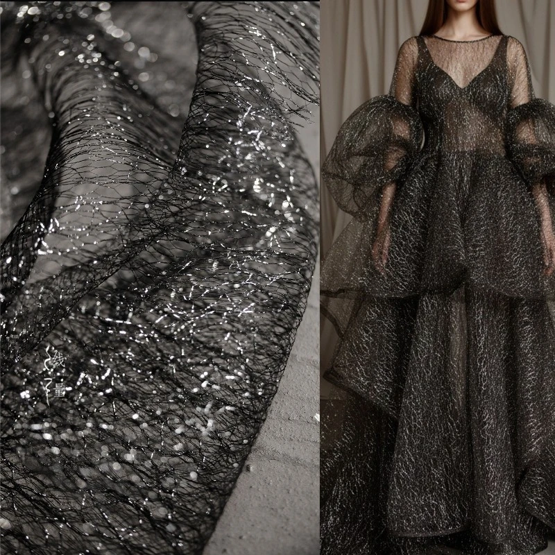 Black Gold Hollow Mesh Fabric Dress Lace Lightweight Net Fabrics Fashion Clothing Designer for Diy Sewing Cloth Material