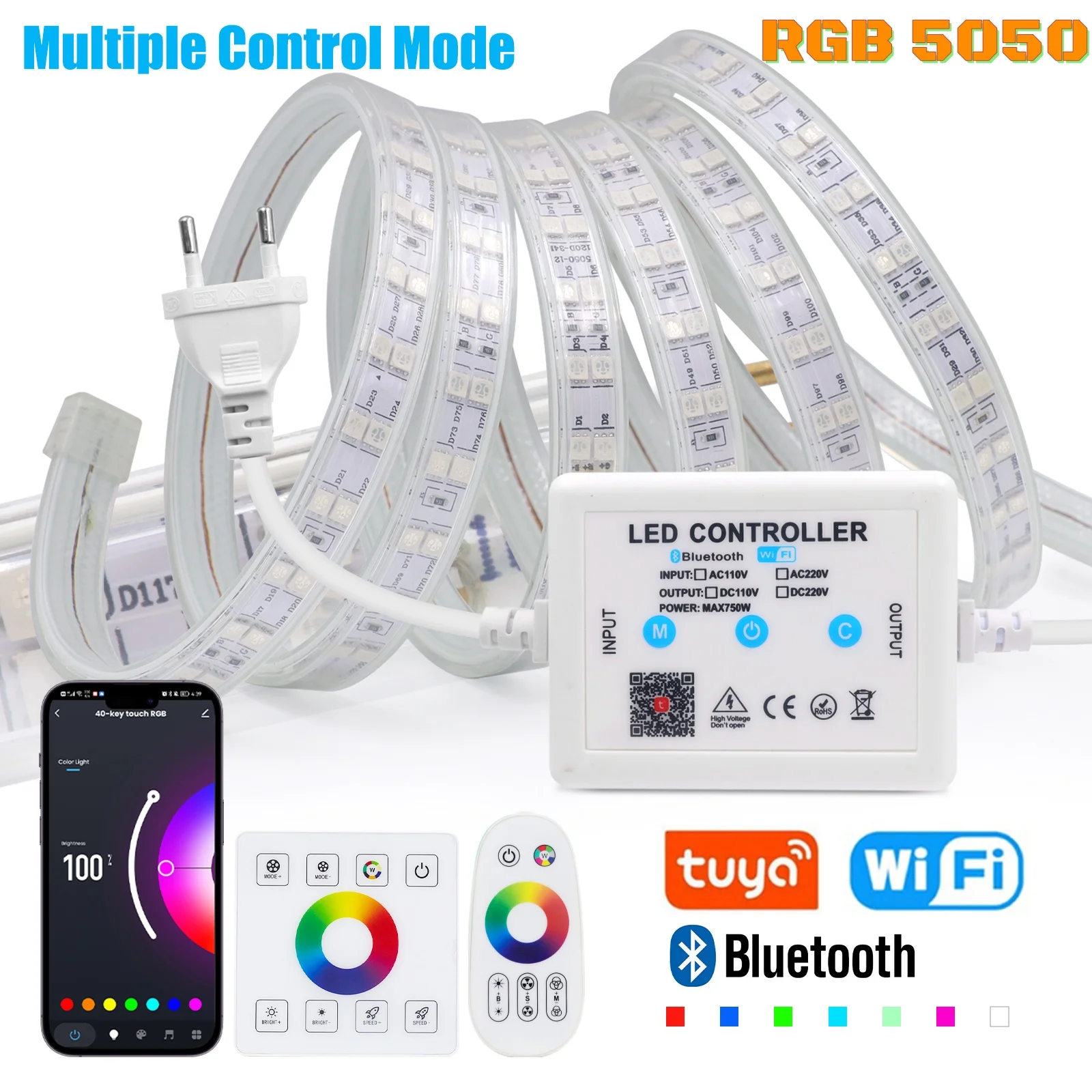 

Tuya WIFI Bluetooth Smart 220 В 5050 RGB светодиодная лента с несколькими режимами управления 120 светодиодов/м водонепроницаемая светодиодная лента работает с Alexa