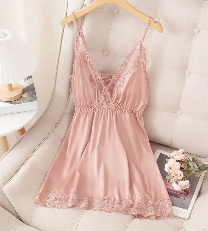 Summer Women Lace Sleepwear Nightgown Sexy Strap Nightdress Gown Lingerie Female Silky Satin Nightwear Home Dress Loungewear