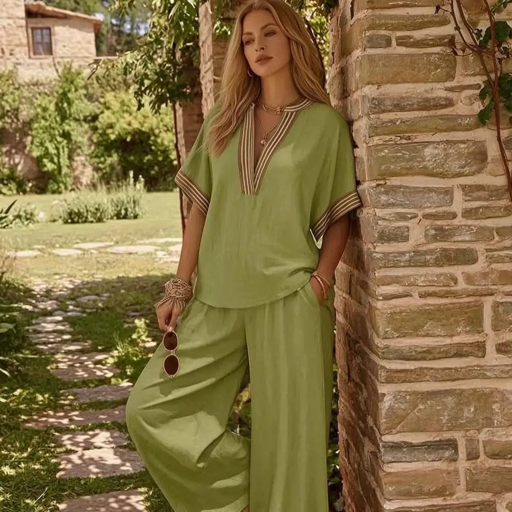 Loose Short Sleeve Shirt Women Women High-waisted Trousers Color Block Two-piece Set for Women V Neck Short Sleeve Top Wide Leg