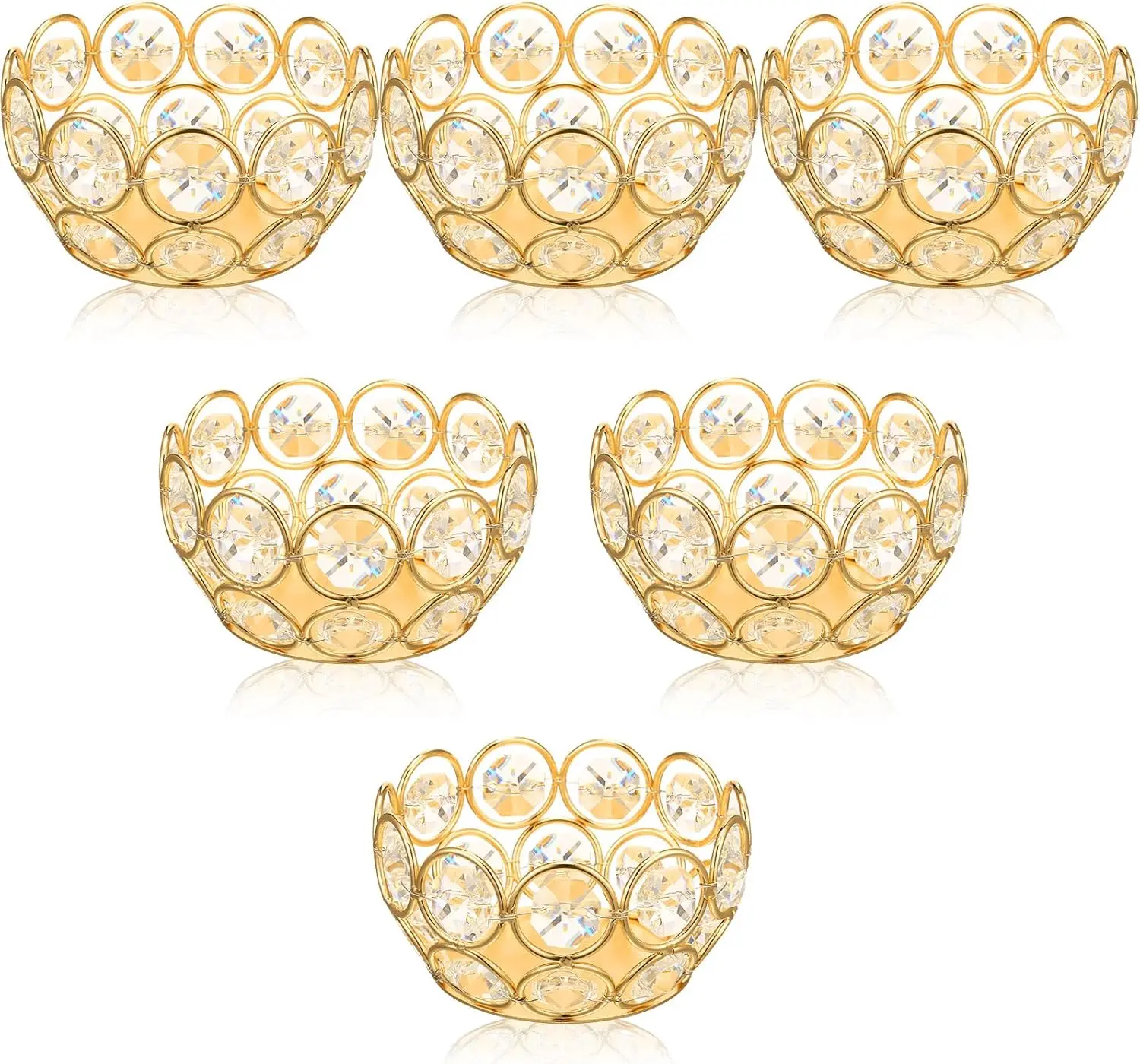 6 Pcs Crystal Tealight Candle Holders - Gold Jewel Bowls for Wedding Party Home Decor