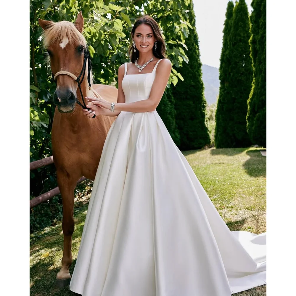 Elegant Satin Wedding Dress Customized Square Neck Bodice Buttons Back A-Line Floor Length Long Train Bridal Gown Customized