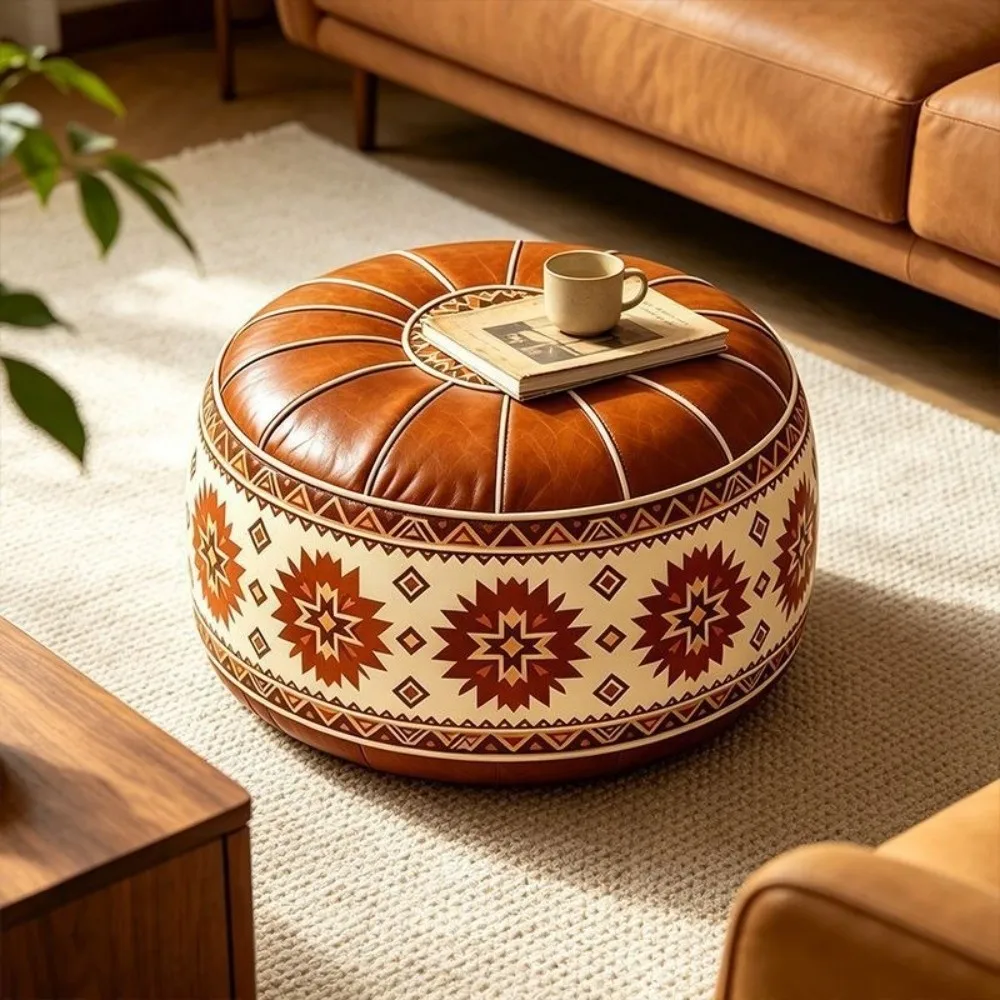 Boho Style Sofa Stool Cover Unstuffed Waterproof Storage Ottoman PU Leather Geometric Pattern Round Footstool Cover Balcony