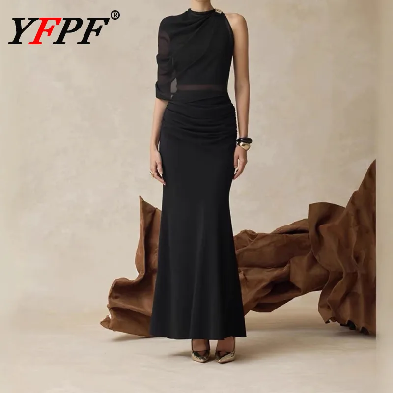 ชุดเซ็ต 2 ชิ้น แบรนด์ YFPF สำหรับผู้หญิง ดีไซน์หรูหรา เสื้อเปิดไหล่แบบพับไม่สมมาตร + กระโปรงยาวทรงเข้ารูปสีพื้นเอวสูง สง่างาม รุ่นใหม่ปี 2025