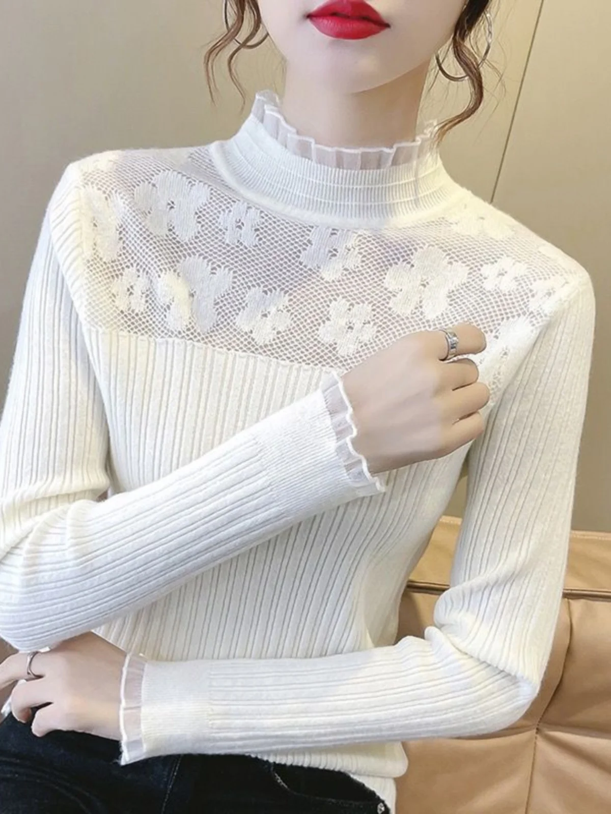 

Women's Long Sve Lace Knitted Top Spring Autumn Faionable Versatile Crew Ne Sweater Base irt High Ne Regular Fit