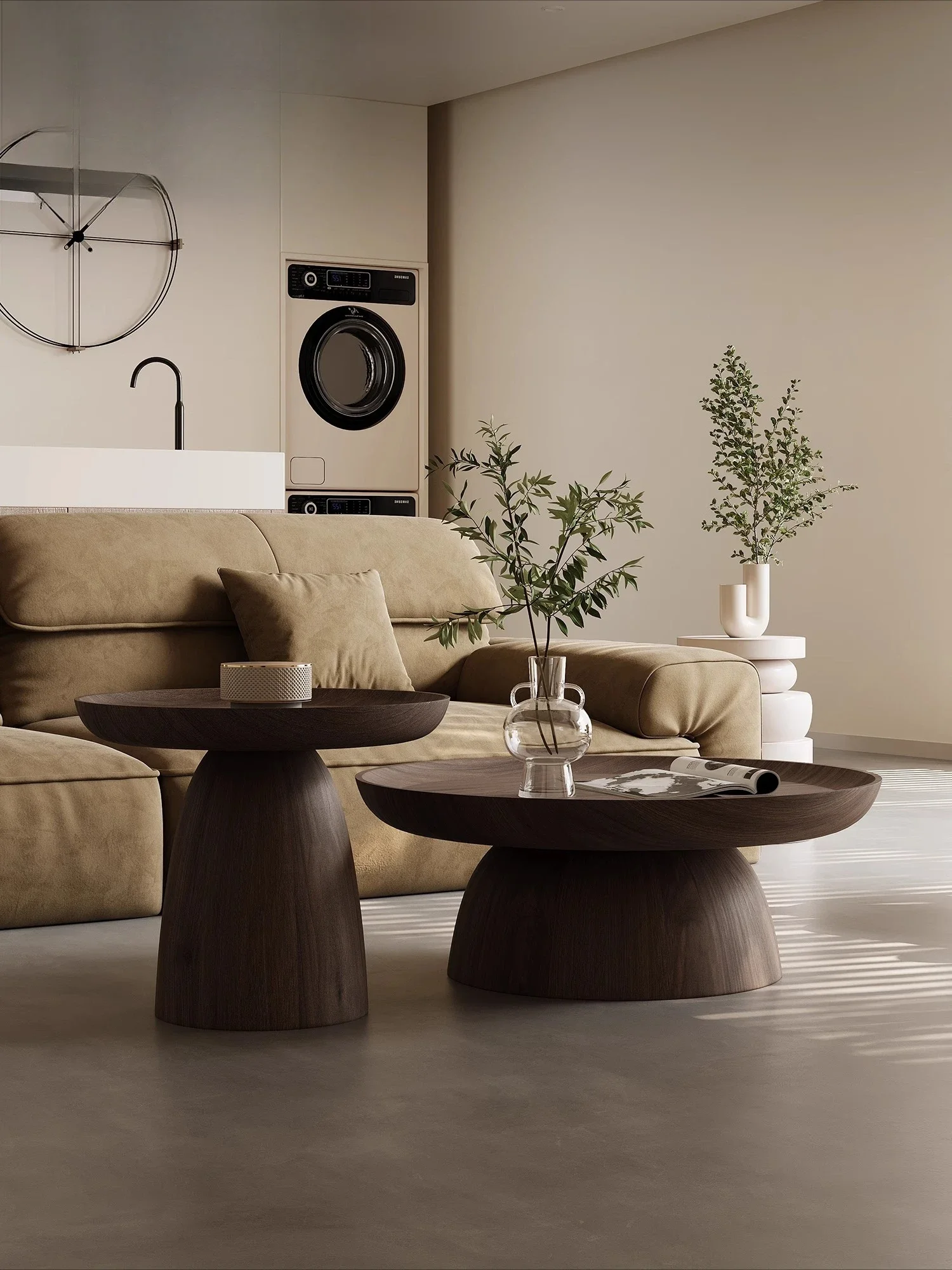 Combinación de mesa de centro redonda para sala de estar Wabi-sabi wind, atmósfera de alta gama, nueva mesa de centro medieval de madera maciza