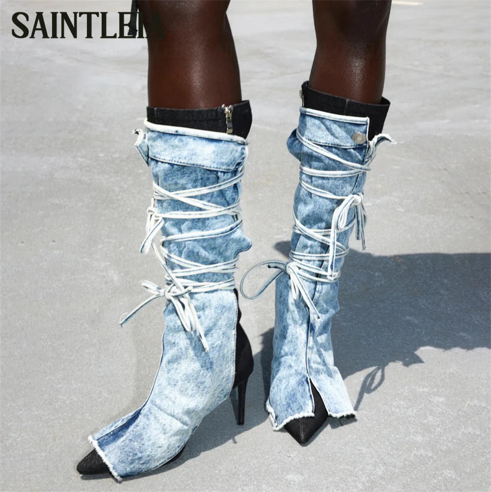 

Removable Denim Fabric Strappy Boots Tonal Layered Look Pointed Toe Stiletto Boots for Women Fashion Style Handmade Knee Boots