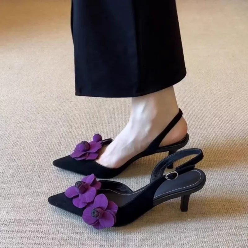 Retro Pointed Three-dimensional Flower High-heeled Sandals Versatile Dresses High-heeled Shoes Outdoor Comfortable Women's Shoes