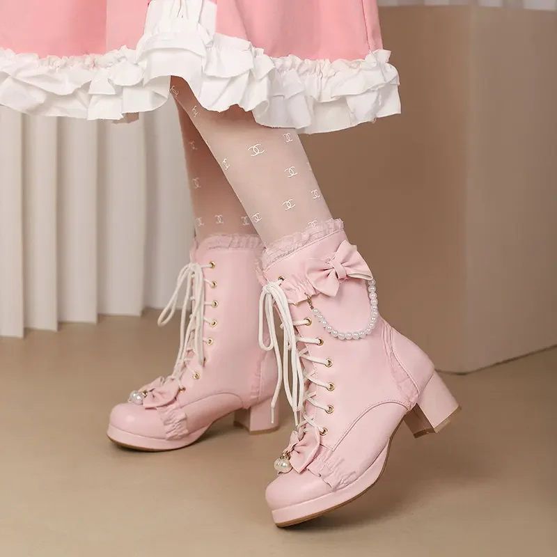 Ruffles Vintage Lolita Women Wedding Boots Chunky Block Square High Heels Thick Platform Gothic Shoes Black White Pink Lace Up