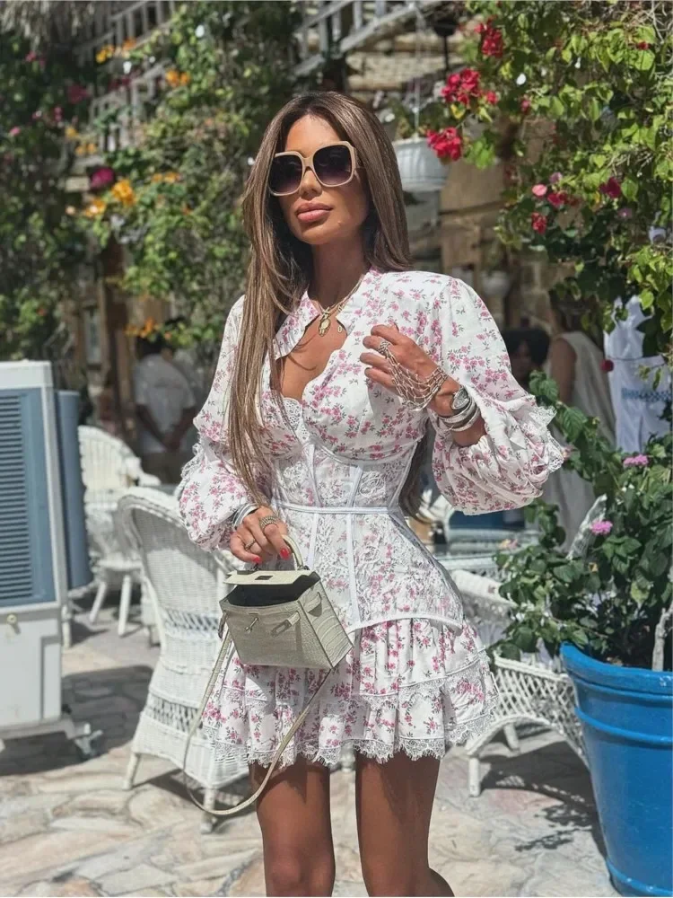 Elegante abito in vita a maniche lunghe per donna Primavera Estate Dolce stampa floreale in pizzo impiombato ​ ​ Abiti da festa corti Donna 2025