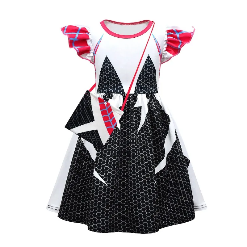 Summer New Disney Marvel Children Cosplay Party Costumes Spider Gwen Cartoon Dress Girls Flying Sleeve Dress