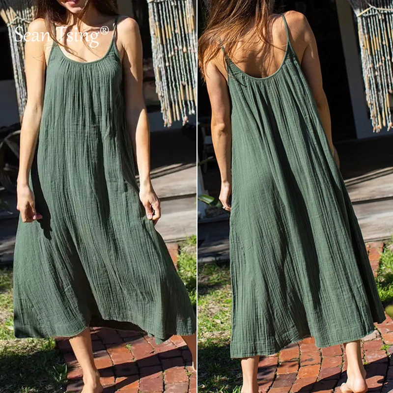 Vestido de verão feminino vintage macio tecido crepe de dupla camada 100% algodão verde azul simples básico versátil vestido de alta qualidade