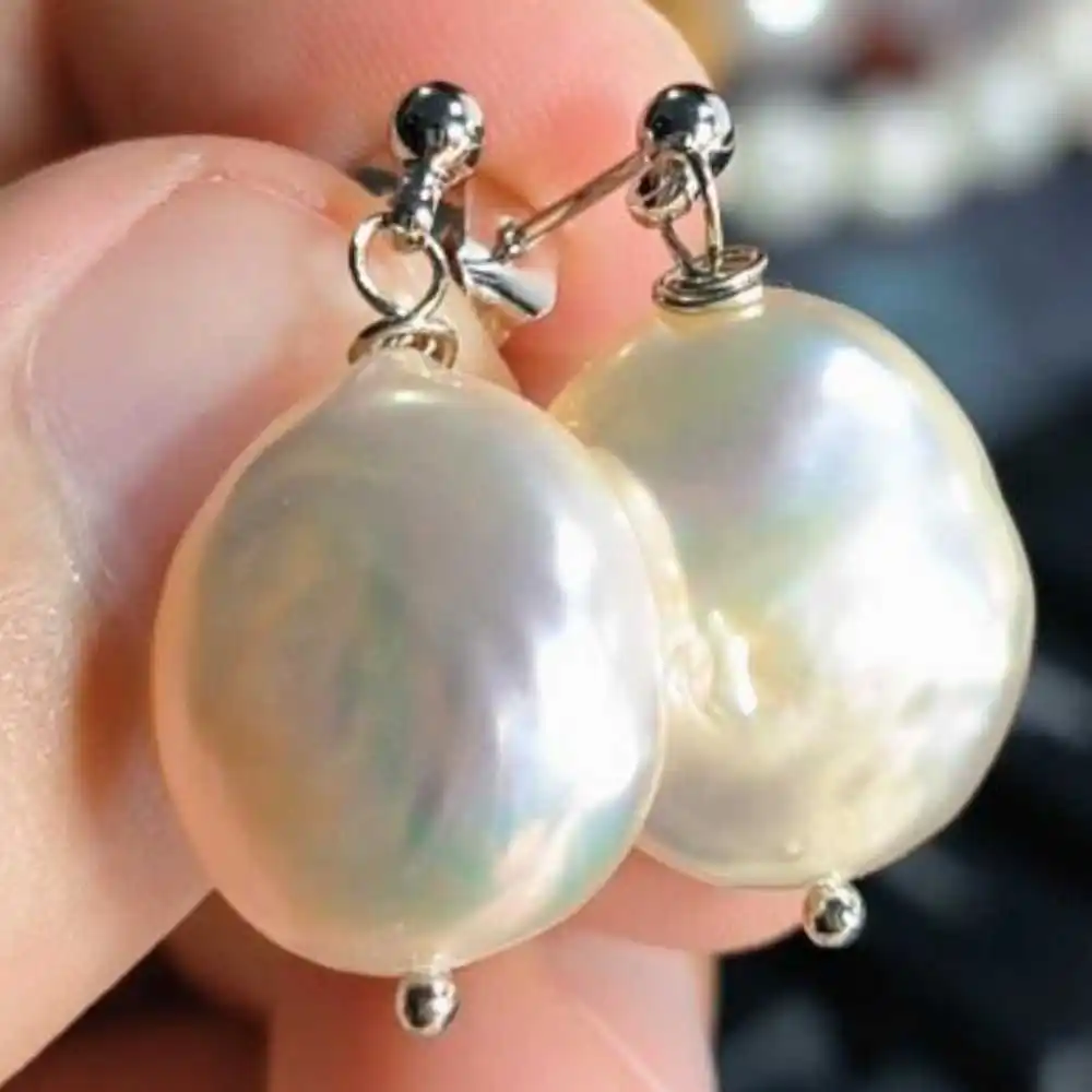 

15-16MM Natural AAA Baroque White Coin pearl Earrings 14K Cultured Jewelry Wedding Diy Women